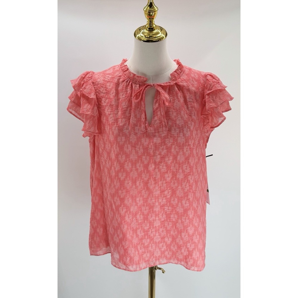 1.State 1 State Women's Printed Split Neck Flutter Sleeve Top Shell Pink Large L